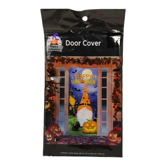 Happy Halloween Gnome Wizard Bats Black Cat Jac-o'-Lantern Door Cover 30" x 72" - Picture 1 of 6